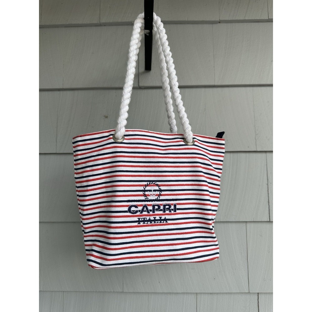 Capri Italia‎ Nautical Tote Bag Red White Navy Striped Rope Handle Zipper